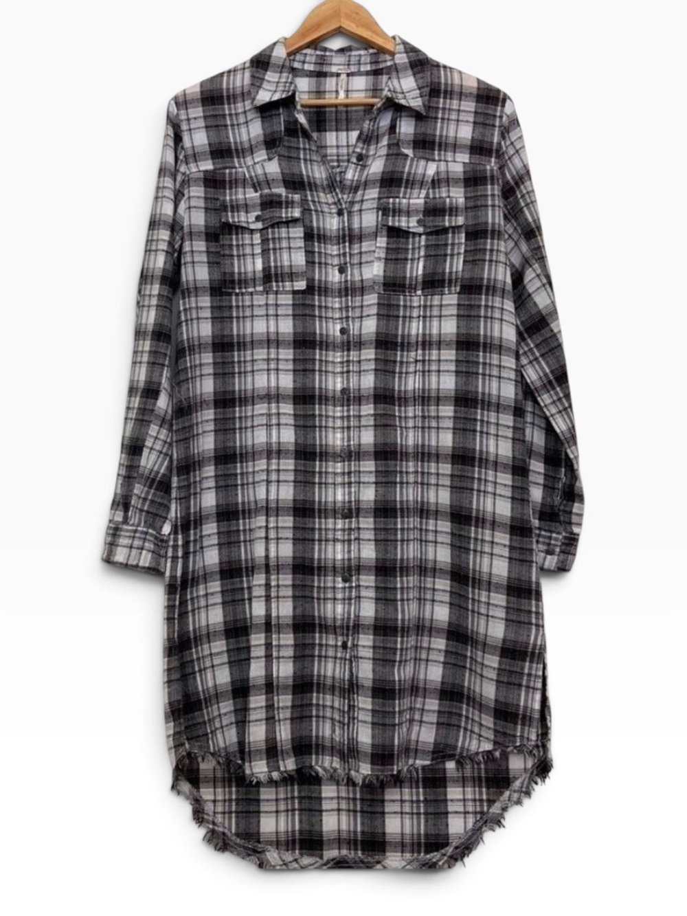 Free people dress tunic plaid black white fringe size small lightweight cotton